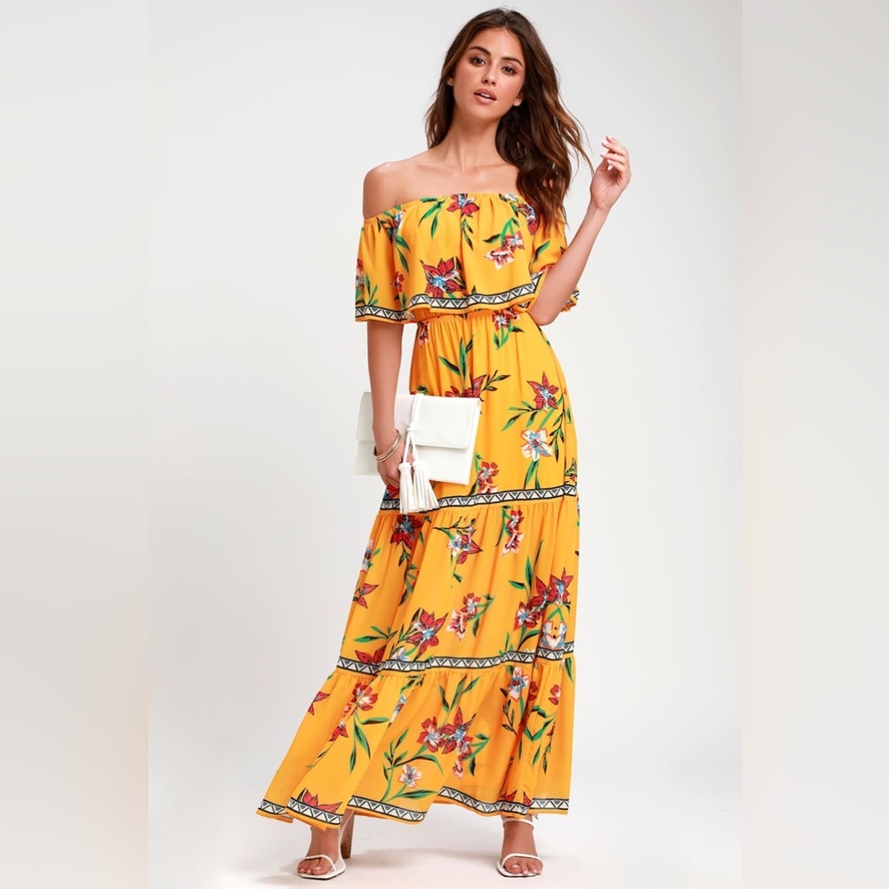 Lulu's Cancun Cutie Yellow Floral Print Off-the-Shoulder Maxi Dress Small